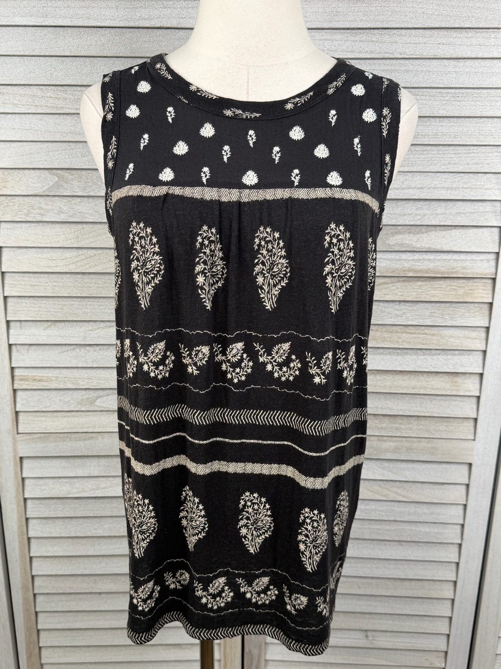 LUCKY BRAND Women's Boho Embroidered Linen Blend Tank Top Black/Cream-Small